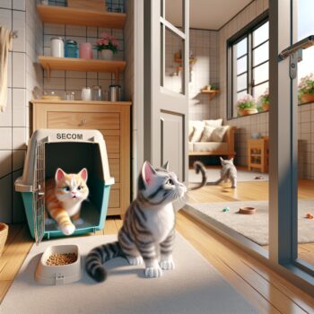 Render a domestic scene illustrating the introduction of a new cat to a home. Show one room with the door slightly ajar, revealing a safe space containing cat essentials such as food, water, a litter box, and toys. In this room, depict a new cat exploring and getting comfortable. Outside this room, show the existent cat curiously sniffing around, picking up the new scent but not directly interacting with the newcomer. Ensure the picture is in a detailed and realistic style like a high definition photograph. Make sure no text or Arabic numerals appear in the picture.