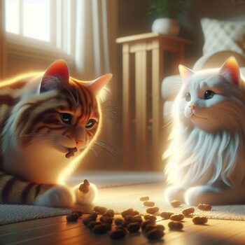 In this HD image in a realistic style, visualize the bond between two cats. They are in a cozy and peaceful room. One cat is a striped ginger, intently nibbling on treats that have been lovingly scattered on the floor. The other cat, a fluffy white, watches with softened eyes, waiting for its turn. The scene is filled with warmth and kindness, built on rewards and praise. The atmosphere speaks louder than text and numbers, evoking a sense of trust and bonding between our feline companions.