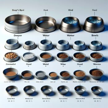 Create a realistic HD image with a variety of animal bowls arrayed on a clean surface. There should be different types of bowls, some deeper and wider, perfect for water and others shallow and broader, useful for food. The bowls are built to have a steady base to prevent tipping over. Material ranges from ceramic to stainless steel, all easy to clean. Visual contrasts should underline the distinguishing factors between food and water bowls. Note that there should be no text or Arabic numerals in the picture.