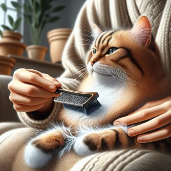 Illustrate a calming and intimate scene of a human gently brushing their domestic cat, capturing the bonding moment between them. The cat exudes contentment as it is treated to a luxurious grooming session. The human holds in their hand a high-quality cat brush, highlighting its detailed craftsmanship. Fur can be seen detaching from the cat, indicating the effectiveness of the brush. The selected style should be hyper-realistic and be rendered in high definition. The setting should be a cozy home environment, which implies a comfortable lifestyle for the cat. Exclude any text or Arabic numerals from the image.