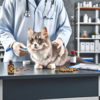 A realistic, high-definition image of a regular veterinary check-up scene for a cat. Picture a calm and serene looking cat on top of a check-up table, with a vet examining the feline for any signs of excessive shedding. The vet can be seen providing some cat supplements and demonstrating their usage. The atmosphere is professional and caring, with tools and equipment that speak volumes of the serious attention being provided to the feline health. The room has a proper veterinary set-up with medical equipment and cat-friendly decor. No text or Arabic numerals are included in the scene.