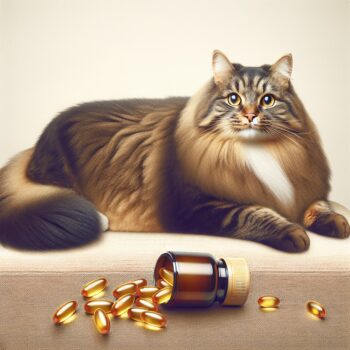 Create an image in a realistic style and high definition. Show a domestic cat with a lusciously shiny coat, happily lounging on a fur-free couch. Next to the cat, represent omega-3 fatty acid supplements, symbolized as small golden capsules. The cat should look content and its skin healthy. Avoid including any text or Arabic numerals in the image.
