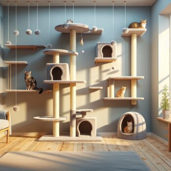 Imagine a realistic, HD image of a comfortably furnished home designed with the needs of a cat in mind. There is a tall cat tree in the corner, its various levels, hollows and hanging toys catching the light. Installed around the room are several shelves at different heights, creating a winding pathway – like a miniature highway – that only a cat could navigate. A window perch by a sunny window completes the scene, where a satisfied feline could bask in the sun while observing the world outside. No text or Arabic numerals appear in the image.