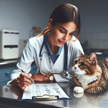 Create a realistic, high definition image of a caring veterinarian interacting with a domestic feline. The veterinarian should be a woman of Hispanic descent, holding a list which is filled with drawings of safe foods for cats. The feline should be a healthy looking tabby cat lying on the examination table, attentively looking at the list. The scene should convey a sense of professionalism and a nurturing atmosphere, emphasizing the idea of the veterinarian providing the cat with a balanced diet for a longer and healthier life. No text or Arabic numerals should appear in the picture.