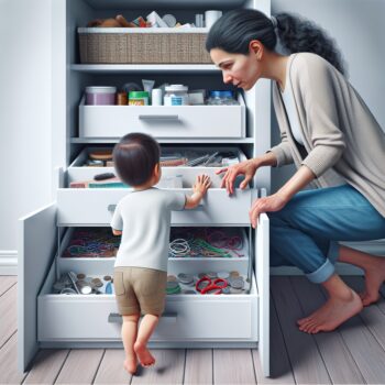 Create a hyperrealistic image in High Definition depicting a typical home scenario, subtly emphasizing safety against small hazards for children. Visualize a Caucasian child, curious and reaching for a drawer on a typical storage unit, with unreachable shelves high above. Inside the drawer includes everyday small objects such as hair ties, rubber bands, and coins. A Hispanic woman, presumably the mother, is gently leading the child away from the drawer. Use the image to suggest a message of keeping small harmful objects out of the reach of children, without any text or Arabic numerals in the picture.