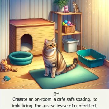 Create an image in a realistic style, displaying a detailed scene of a domestic cat being introduced to a new home setting. This one-room safe space should feature a comfortable cat bed, various cat toys, and a litter box. Illustrate the exploratory behavior of the cat as the creature cautiously smells the surroundings to get a sense of comfort. The overall scenario should radiate warmth, patience, and understanding, emblematic of making the feline feel secure and welcomed in the new living space.
