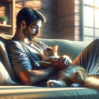 Generate a high definition, realistic style image of a serene scene where a person is spending quality time with their cat. The two are comfortably nestled on a couch, engaging in a playful game of chase. Perhaps the person, a Hispanic male, is whispering endearing terms to the cat- creating a heart-warming scene of love and care. The atmosphere should translate from a hustling everyday scenario to a quiet, intimate moment. This scenario is void of external interruptions, enhancing a sense of safety and assurance for the cat. Incorporate elements that represent the strengthened bond between the two. Avoid the use of any text or Arabic numerals in this image.