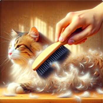Generate a high-definition, realistic image showing a human hand, holding a brush, gently grooming the fur of a contented cat. The brushed-off fur should be visible near the brush or on the surface below. The human should have a warm interaction with the cat, expressing love and care. The setting is the indoors of a home, probably a living room, that is clean and tidy, showcasing no loose cat hair around. Arabic numerals or text should not appear anywhere in the artwork.