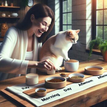 Create a high definition, realistic style image that involves a domestic scenario. In this scene, envision an enthusiastic Caucasian female setting food for her cat at specific times each day. No text or Arabic numerals are allowed in the image. Depict this responsibility with a cat patiently waiting for its food, and the indication of different time frames, like morning, afternoon, and evening. The scene emphasizes the importance of a well-maintained, consistent feeding schedule, ultimately showcasing a harmonious cohabitation between the woman and her feline friend.